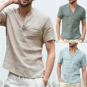 Chemise décontractée en lin de couleur unie, col en V pour hommes
