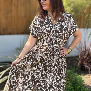 Robe longue tropical chocolat écru