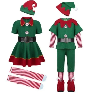 Tenue de fête de noël Costume elfe vert pour famille